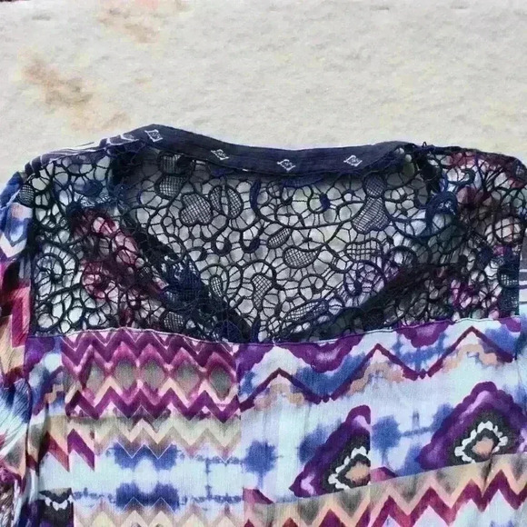 DESIGUAL Roll Tab Sleeve Aztec Pattern Crochet Button Up Blouse Top Women Medium - Picture 12 of 12